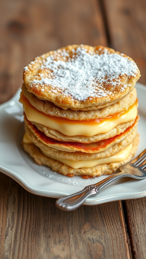 Oatmeal Karpatka dessert with layers of pastry and custard, dusted with powdered sugar on a rustic table.